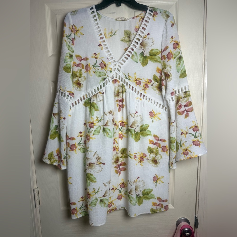 Entro‎ Boho Floral Print Bell Sleeve Crochet Tunic Mini Dress